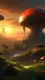 Placeholder: sci fi planet, sunset, jungle forest mushroom city