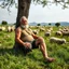 Placeholder: 40 year old Sardinian shepherd, sturdy, muscular and bulky, with short beard and big nose, relaxes sitting leaning against a tree in the middle of a meadow full of grazing sheep, dressed in a tank top and shorts, strong and muscular legs, bare feet, photorealistic bucolic scene,
