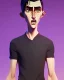 Placeholder: a tall rattled guy with short dark hair tousled on top, a long neck and long limbs and is wearing a t-shirt with a shirt over and skinny jeans