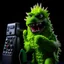 Placeholder: Godzilla as a muppet kawaii calling phone using a nokia, studio photo