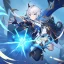 Placeholder: Genshin woman, Clear Focus High resolution, Calm Background, Light skinned woman, Black long beatiful hair, Dark blue sparkling eyes, Very Beatiful Face, Splash art, Battle Scene Epic, Jumping Pose