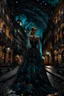 Placeholder: Under a starry umbrella and cityscape long dress, she’s the queen of the night, dark deep colours, atmospheric, weird, crepy stunning