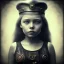 Placeholder: a little girl looking like a pirate with a tattoo in her face, steam punk, scary, horror, realistic, made in octane, cinematic, ultra-realistic, extremely detailed octane rendering, 8K, VRAY Super Real ar 2:3, dof photorealistic futuristic 50mm lens hard lighting dark gray tintype photograph, realistic lighting, sephia colors