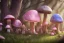 Placeholder: a cute fairy mushroom house pink and blue in the forest, spring time,rabbits, squirrels, flickering light, centered, high-quality, fine-detail, digital art, detailed matte, volumetric lighting, illustration, 3D octane render