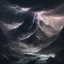 Placeholder: A dark and ominous mountain with a lightning storm around it and raging rivers