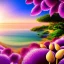 Placeholder: landscape of summer tropical ambient beutiful ,natural round shapes concept, large transparent view of the open outdoor garden,sea beach at sunset, gold crystals,with light pink, flowers of Lotus, beutiful pools, light of sun , palmiers,cerisiers en fleurs, wisteria, sun , stars, small waterfalls