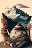 Placeholder: Cozy vibes drawing art tea pot, garden inside tea pot, mountain range in background
