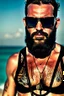 Placeholder: Artistic photo in the audacius style of Jill Greenberg, of man with a luxurious and striking style, abundance of jewelry, oversized square one-piece sunglasses, neat black beard, prints, extravagant, barroque scene , impasto style with thick texture