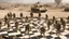 Placeholder: Israeli soldiers and tanks stand on a very large chessboard in the middle of a destroyed city