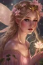 Placeholder: Blonde hair ,Pink dress,Sparkling fairy wings,Very long golden hair,Fairy crown,pointed ears,elven ears,fairy wings,water lilies,sparkling,glittering,flowers,blossoms,golden crown,light pink dress