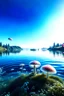 Placeholder: Landscape scene across a lake with mushrooms with jellyfish tentacles floating through a light blue clear sky