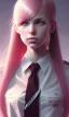 Placeholder: girl, cute, beautiful, pink hair, brown eyes, pigtails, bangs, knife in hand, blood on face, by Greg Rutkowski, big boobs, school girl uniform