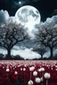 Placeholder: A trees of garlic in a white jungle and cloudy white sky’s Trees of garlic all in white colors Bosch nightmares style full moon in the background all in white . A dark red rose tree in the middle of the picture