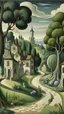 Placeholder: A grayish green village with a path and a palace painted by Thomas Hart Benton