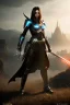 Placeholder: Tiefing assassin, yellow eyes, dark hair, dark armor, waist up portrait, Demonic tail, light red skin, hyperrealistic, intricate details, insanely detailed, cityscape background, natural lighting