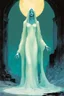 Placeholder: create an imaginative full body print illustration of the pale translucent ghost of an ancient female Oracle with finely detailed hair and feminine facial features, in the land of the dead , in the comic book art style of Bill Sienkiewicz, Mike Mignola, and Jean Giraud Moebius, finely textured, drawn, colored, and inked, suffused with dramatic natural light and shadow of a midnight crescent moon