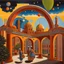 Placeholder: art by "Yinka Shonibare", painting, landscape , Feigned The City with arches and domes, at Dawn, Illustration, Hopeless, 70s Science Fiction, Provia, overly complex style