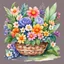 Placeholder: Watercolor drawing of a cute basket of flowers, beautiful plans, with bright flowers and plants, with soft bushes, v, very bright design, in a cartoon style