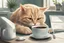 Placeholder: Monday morning, and you don't want to get up. Realistic tired Cat with one single cup of coffee.