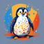 Placeholder: Chill Penguin with blue yellow-orange white and red palette in spotted art style