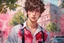 Placeholder: close up headshot portrait of beautiful teenage boy who looks like a girl, brown hair, red eyes, pretty body, pretty legs, perfect face, Wadim Kashin, James Gurney, Ink, splash art, amazing beauty, college courtyard background, has pink accents on clothes