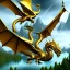 Placeholder: gold dragon flying above a lake, dungeons and dragons, realistic