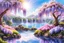 Placeholder: beautiful park with wisteria, white or parma or blue light effects colors, magic sun with sun’s rays in the center of the sky, realistic, very detailed, a peaceful lake with pink or parma hydrangea around and sakura trees, waterfalls in the background of the park and white or pink or blue mountains, high contrast, 8k, high definition, realistic, concept art, sharp focus