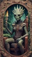 Placeholder: framed playing card illustration, close up portrait of a happy blessed immaculate dissolved ancient magical scaly slimy weird alien mad max queen posing for photo shoot on a throne, holding a burning sceptre, in a space alien mega structure with stairs and bridges woven into a sacred geometry knitted tapestry in the middle of lush magic jungle, bokeh like f/0.8, tilt-shift lens 8k, high detail, smooth render, down-light, unreal engine, prize winning