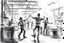Placeholder: workers dancing in a industry factory , a drawing with sketch lead pencil, barrels and crates that needs pushing and pulling