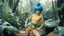 Placeholder: [photo by Norman Parkinson for Sears] blue hair Bulma from dragon ball, in her crop top and high-waisted balloon shorts in the jungle; she works on a womaniser robot