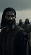 Placeholder: Imagine a scene of a big arabic Muslim man surrounded by a hill of his soldiers, not looking to the camera, short black beard, big nice face, addressing his soldiers near the seashore, burning ships, light black clothing, historical war clothing, eleventh century, large focus, great features, high quality, high detail, 4k, detailed textures.