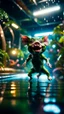 Placeholder: alien pig gremlin diving in water slide in the middle of crazy dance moves dancing on buss parked in dark lit reflective wet jungle hall tunnel,bokeh like f/0.8, tilt-shift lens 8k, high detail, smooth render, down-light, unreal engine, prize winning