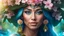 Placeholder: Close-up portrait of a gorgeous smiling skinny polynesian goddess with a golden dark shining skin, long smooth clear turquoise blue white hair, blue eyes, in a sci-fi outfit with luminous strikes blowing a kiss in a hill of flowers with sakura trees, a small torrent, loads of mini flowers, moss, sun rays through the branches, particles in the air at spring