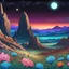 Placeholder: Colourful, scifi, night sky filled with galaxies and stars, Hiroshige, Martian landscape, rock formations, flowers, one-line drawing, sharp focus, 8k, deep 3d field, intricate, ornate