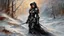 Placeholder: a warrior woman in black armor on the background of a cold snow-covered country, ice and crystal, frost and snow, oil and pastel, by Leonid Afremov & Atelier Olschinsky & Anna Razumovskaya