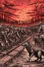 Placeholder: A lot of Prisoners line up in hell in front of a big wall , red clouds in the sky with huge amount of dead people laying on the ground