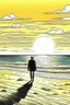 Placeholder: A solitary figure stands on an untouched, sandy beach, gazing at the setting sun painting the sky with warm hues. Footprints in the sand lead towards the horizon, symbolizing the freedom to explore and reflect in peaceful solitude.coloring book page, simple and clean line art, adult drawing book, black and white, crisp black lines, no shades, sharp lines, coloring book for adults, cartoon style, landscape