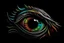 Placeholder: Line art, single drawn dragon eye with multicolor line, black background