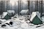 Placeholder: campsite, winter, tents, overgrown, post-apocalyptic, comic book, forest
