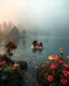 Placeholder: Portrait Romantic European couple swimming kissing together in lake Wonderful landscape fantasy early morning heavy fog photography art Rivendell village,lake,magical forest and houses,beautiful mushrooms,roses flowers,little waterfall,lake,close up photo beautiful romance couples on swimming together in lake