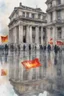 Placeholder: Typical Germany, Reichstag architecture, one small German flag hanging on the facade of the building. People on the street are reflected in a puddle on the asphalt. Watercolor style. 8k quality