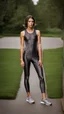 Placeholder: photography of a beautiful anorexic woman, anthracite satin triathlon top, sports illustrated, brunette short wavy bob haircut, pronounced sternum, flat chest, anthracite short leggins