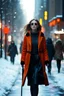 Placeholder: image of a pretty blind young woman walking down a busy street in the winter. 4k. Photorealistic
