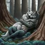 Placeholder: an anthropomorphic wolf-man hybrid in dark gray body hair and anthropomorphic wolf-female hybrid with pale gray body hair lie down hugging each other with paws on their backs on blue-green moss around brown huge trunks trees, raini day, high contrast, high detalied, high realistic, around in background giant tall alien trees, atmospheric, dark fantasy, sci-fi mood