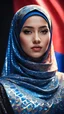 Placeholder: Tilt shift 3d holographic editorial photo, beautiful malaysian muslim girl wearing hijab, 18 year old female beauty, dress in merdeka malaysian flag, independent day, full frame, refraction, diffraction. Gouache, dry brush, chiaroscuro, dramatic lighting, intricate details, scifi fairytale, surrealism, by ilya repin, by mike mignola, highly detailed oil painting, brush strokes, complex composition, Art by J. C. Leyendecker, John Williams Waterhouse, Tom Bagshaw, Maxfield Parrish, Ellen Seg