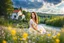 Placeholder: Young woman in flower field in country side ,river, houses,blue sky ,nice clouds,god rays