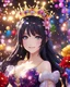 Placeholder: Enter a world of joy and celebration as you meet a delightful anime girl brimming with happiness, her dark shiny hair adorned with a crown of colorful flowers and dressed in a dazzling glittery party dress. Her loving eyes radiate beauty and warmth as she finds herself surrounded by a festive New Year's Eve celebration in the year 2024. This scene comes to life through a meticulously detailed digital painting, bursting with vivid, colorful, and vibrant hues, capturing the excitement and magic of