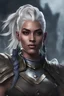 Placeholder: a young female orc, dark blue skin, tusk like teeth, wearing armor, white hair, undercut hairstyle, defined muscles, dramatic lighting, digital artwork