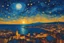 Placeholder: Vincent Van Gogh's Starry Night and Istanbul's iconic cityscape with the majestic Galata Tower capture the spirit of the swirling, expressive night sky, The city's skyline, adorned with the signature Galata Tower,and the Bosphorus fill the composition with a vibrant color palette, emphasizing the harmony between the celestial and terrestrial elements, Let the luminous crescent moon and twinkling stars illuminate with their magical radiance