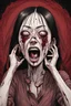 Placeholder: woman with 4 eyes, face distorted with pain, screaming, tears streaming from eyes, siting pose, fullbody, Junji Ito style, darkred tones,